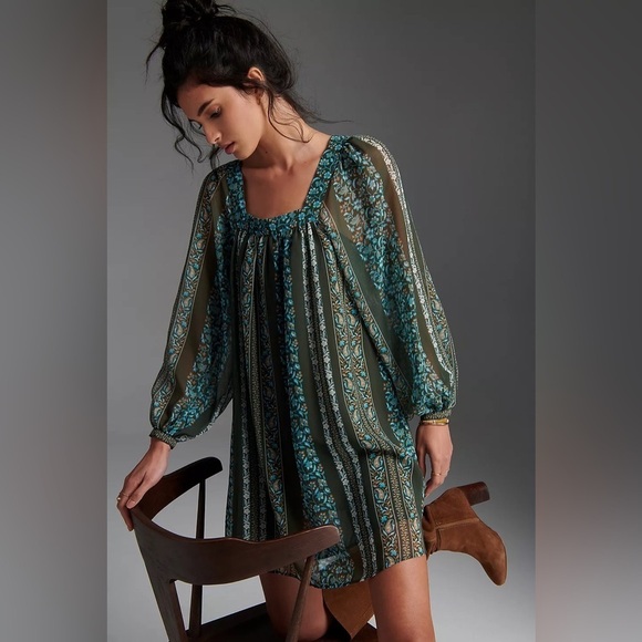 Anthropologie Blue Green Floral Sona Tunic Mini Dress Small - Picture 2 of 16